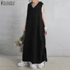 Sıradan Elbiseler Kaftan Robe 2023 Yaz Katı Elbise Zarif V Boyun Kolsuz Parti Sundress Kadınlar Gevşek Drawstring Vestidos