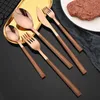 Dijksets Home Set roestvrijstalen tafelwerk mes vork lepel spiegel spiegel met bruine goud houten handgreep keuken western flatware