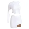 Vestidos casuais sexy um ombro branco oco para fora rayon dividir duas peças conjunto de bodycon vestido de bandagem feminino elegante celebridade partido club min