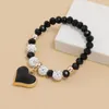 Strand Fashion Women Heart Charm Black Beads Bracelet Rhinestone Beaded Adjustable Wrap Elastic Bangle Vintage Wristbands Jewelry Gift