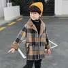 Coat Wool Jacket For A Boy Autumn Fashion Plaid Turn Collar Plus Velvet Kids Trench Childrens' Outerwear 210T Clothes 230311