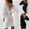 Casual Dresses Solid V-Neck Sheath Party Short Cotton Winter Long Sleeve Women