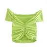 女性用Tシャツ2023ファッションプリーツ装飾マルチカラーTシャツカジュアルショートVネックビンテージ女性シックトップミュージャー