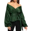 Women's Blouses Women Sexy Long Puff Sleeve V Neck Bowknot Waist Bandage Tight Blouse Shirt Office Casual Elegant