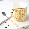 Porcelain Coffee Mugs With Spoon Mozaic Pattern Golden Handle Bone China Coffeeware Water Bottles Teaware Ceramic Drinkware