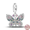 Prata 925 Fit Pandora Original Charms DIY Pingente Feminino Pulseiras Miçangas Citação Duplo Pendente Borboleta Espumante