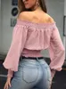 Women's Blouses Off Shoulder Chiffon Blouse Women Elegant Sexy Crop Tops Ladies 2023 Ruffle Lace Fashion Shirt Long Sleeve Woman Clothes