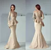 Dubai Arabisch Champagne Kant Vlek Peplum Zeemeermin Moeder van de Bruid Jurken Lange Sheer Neck Lange mouw Elegante Avond Formele Gowns