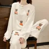 Women's Sleepwear Pajamas Sets Bear Women Shirt Pant Sleep Suit Long Sleeves Round Neck Casual Loose Coral Velvet 2Pcs Nightwear Homewear