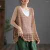 Women's Sweaters Cotton Thread Crochet V-neck Hollow Knitted Vest Women Summer Thin Retro Literary Loose Breathable All-match Pullover