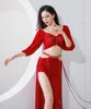 Sahne Giyim Göbek Dans Seti 2pcs Fransız Puflu Kollu Yarım Bel Yüksek Matkap Püskül Lüks Lüks Eğitim Kıyafetleri Uygulama Takım