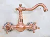 Kitchen Faucets Antique Red Copper Brass Wall Mounted Bathroom Sink Faucet Swivel Spout Mixer Tap Double Cross Handles Levers Anf941