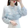 Kvinnors blusar 2023 Autumn Korean Style Shirts French Cortile Ruffle Shirt Tung handgjorda pärlade långärmad topp Blusa S9214