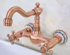 Kitchen Faucets Antique Red Copper Brass Wall Mounted Bathroom Sink Faucet Swivel Spout Mixer Tap Double Cross Handles Levers Anf941
