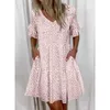 Casual Dresses Mini Dress 2021 Fashion Floral V-neck Printed Pocket Casual Dress Ruffle Xl Short Sleeve Loose Beach Dress Ladies Summer G230311