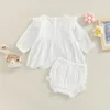 Clothing Sets Lovely born Baby Girls Clothes Sets 024M Solid Hollow Out Ruffles Long Sleeve Pleated DressShorts Bloomers Cotton Outfits 230311