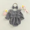 Strampler 2 Stücke Baby Mädchen Frühling Herbst Plaid Langarm Rüschen Strampler Haarband Lässige Outfits für Kleinkinder Mädchen Kleidung 018 Monate 230311