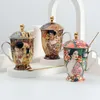 Coffee Mug with lid and spoon Bone China Antient Klimt painting Tea cups with lid Luxury Gift