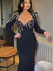 Robe de soirée sexy noire à manches longues, épaule taille diamant, robe longue