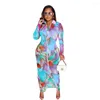 Robes décontractées Robe de bandage V-Cou Tie Dye Longueur du genou à manches longues Club Soirée Celebrity Gaine Robes de haute qualité Dames Bodycon