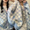 Damen Strick T-Shirts Deeptown Koreanischer Stil Oversize Plaid Cardigan Pullover Frauen Vintage Schachbrett Strickjacke Mode Langarm Pullover weiblich 230311