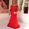 Sjöjungfrun lång röd mamma till brudklänningen 3/4 lång ärm paljett spets bröllopsfest formell klänning aftonklänning golv längd