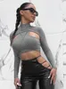 Women's T Shirts Kalevest Y2K High Street Crop Tops Cyber Hollow Out Long Sleeve Grey Acubi Fashion Women Gyaru Lace Up Clothing