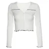 T-shirts femme blanc à manches longues haut court col en V dentelle noire bouton froncé Cardigan Sexy été printemps Slim Fit plissé t-shirt