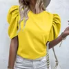 Kvinnors blusar eleganta kontor lady blus kvinnor fast färg v nack puff hylsa toppar skjortor vintage casual tee skjorta kemis femme