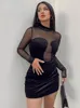 Robes décontractées Sexy Black Patchwork Mesh Manches longues Voir à travers Party Discothèque Mini Robe Femmes 2023 Mode d'été Y2K Outfit Streetwear