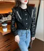 Bluzki damskie koszule sprężyna pusta koszulka koronkowa Kobiety Blusas Mejr de Moda 2023 Office Lady Flower Bluzka Diamond Lapel Long Sleeve Fe