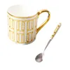 Porcelain Coffee Mugs With Spoon Mozaic Pattern Golden Handle Bone China Coffeeware Water Bottles Teaware Ceramic Drinkware