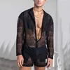 Men's Tracksuits Summer Men Two Piece Suits Sexy See Through Lace Outfits Beach Fashion Plain Pattern Print Long Sleeved Tops And Shorts Set 230311