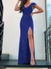 فساتين الحفلات 2023 Sequin Vestidos de Nocheless Mermaid Royal Blue Maxi Stretchy Deep V الرقبة الرسمية الرموز المسائية الأنيقة