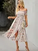 Casual Dresses Vintage Print Dress Women Summer Sexig Backless Big Hem Slit Boho Beach Dress Elegant Red Off Shoulder Midi A-Line Dresses 2022 G230311