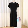 2023 Spring Black Floral Flower Woolen Knitted Dress Short Sleeve Round Neck Panelled Midi Casual Dresses Brand Same Style Designer M3M120818