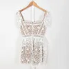 French White Square Neck Dress Kort ärmar Lady Floral Lace Hollow Out Mini Dresses Women Dresses M120785