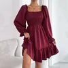 Casual Dresses 2023 Solid Elegant Dress Women Korean Princess High midja Sweet Female Party Long Sleeve Midi Fairy