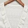 Women's Blouses Spring Women geborduurd Lace Hollow Out Blouse Ruffles Lady Shirt White V-Neck korte mouw enkele borsten en top