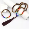 Halsbandörhängen Set Mala 7 Chakra Natural Stone Armband Tiger Eye Pärlor Japamala Prayer Yoga Long Tassel Rosary Smycken för kvinnor Män