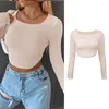 T-shirts pour femmes Womens à manches longues à manches carrées carrées Waffle Tricoted Slim Crop Top Couleur solide asymétrique Hémètre court pull à pulls T-shirts