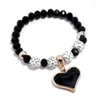 Strand Fashion Women Heart Charm Black Beads Bracelet Rhinestone Beaded Adjustable Wrap Elastic Bangle Vintage Wristbands Jewelry Gift