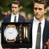 Armbanduhren Einfache Freizeituhr Herren Braun Quarz Minimalistische Uhren Lederarmband Elastische Armbänder Exquisite Geschenkset-Box für
