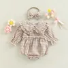 Strampler 2 Stücke Baby Mädchen Frühling Herbst Plaid Langarm Rüschen Strampler Haarband Lässige Outfits für Kleinkinder Mädchen Kleidung 018 Monate 230311