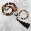 Ensemble collier et boucles d'oreilles Mala 7 chakras, Bracelet en pierre naturelle, perles en œil de tigre, prière japonaise, Yoga, chapelet à pampilles longues, bijoux pour femmes et hommes