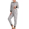 Kvinnors sömnkläder Kvinnors 2 -bitar pyjamasuppsättningar förtjockade varma leopardtryck flanell plysch höst vinter fleece tshirt långa byxor 4