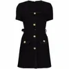 Spring Black Solid Color Waist Belted Tweed Dress Short Sleeve Square Neck Buttons Single-Breasted Casual Dresses Brand Same Style Designer W3M123005