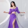Sahne Giyim Göbek Dans Seti 2pcs Fransız Puflu Kollu Yarım Bel Yüksek Matkap Püskül Lüks Lüks Eğitim Kıyafetleri Uygulama Takım