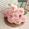 6pcs Artificial Rose Flowers Plants Leaves Pink Silk Fake Plants Home Decoration White Autumn Bouquet Roses Flower Office Decor