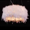 Hängslampor modern vit hängande lampa med kristallfjäder pentant ljus ledde för sovrum cylindriska form bröllopsljus